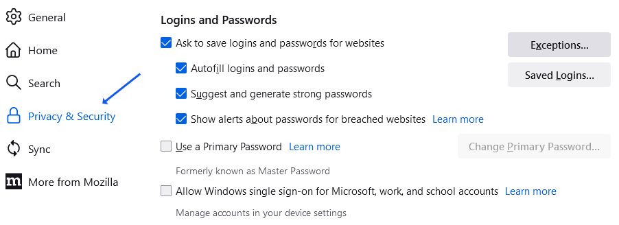 turn-off Firefox password manager from Windows