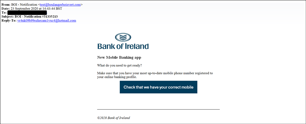 Phishing email example acting like a bank original image